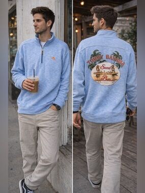 Tommy Bahama Relax Quarter Zip Pullover Blue Sand Bar Graphic Sweatshirt L